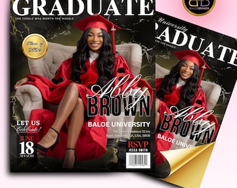 May include: A graduation magazine cover with a black and gold background. The cover features a photo of a graduate wearing a red cap and gown, sitting on a chair. The text on the cover reads "Baloe University Graduate" and "Class of 2024".