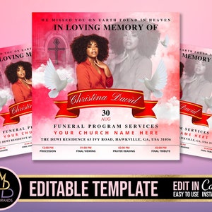 Dépliant d&#39;annonce de funérailles commémoratives, modèle d&#39;annonce de funérailles, invitation aux funérailles, reste en paix Flyer modifiable modifiable sur mesure