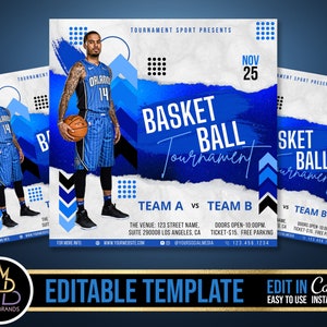 Op de afbeelding: Basketbaltoernooi flyer sjabloon met een blauw en wit ontwerp. De flyer toont een basketballer, de tekst "BASKETBALL TOURNAMENT" en evenementdetails. Bevat de tekst "EDITABLE TEMPLATE" en "EDIT IN CANVA".