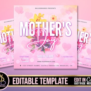 Könnte beinhalten: Ein rosa und weißer Flyer mit einem floralen Design und dem Text "Muttertag" in großer, fetter Schrift. Der Flyer enthält Details für eine Muttertagsveranstaltung, einschließlich Datum, Uhrzeit, Ort und Gaststars.