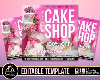 Puede incluir: Folleto rosa y blanco para una tienda de pasteles con un cupcake, un pastel decorado con flores rosas y una corona. El folleto dice "Su empresa presenta Cake Shop 30% de descuento ¡Ordene ahora!" e incluye un sitio web, una cuenta de redes sociales y un número de teléfono.