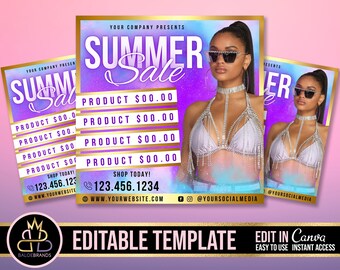 May include: A summer sale flyer with a purple and blue watercolor background. The flyer features a woman wearing a sparkly silver top and sunglasses. The text on the flyer reads "Summer Sale" and includes product prices. The flyer also includes contact information and social media handles.