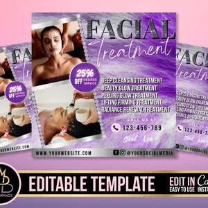 Facial treatments, Beauty Services, Spa Editable Social Media Flyer, Spa Services Flyer, Facial Beauty Flyer, DIY Canva, Beauty Glam Flyer