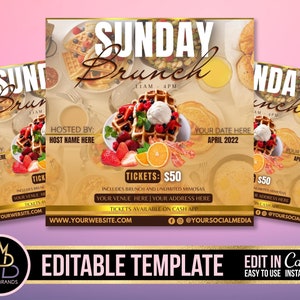 Sunday Brunch Flyer, Editable Social Media Flyer Canva, DIY Brunch, Editable Template Flyer Brunch and booze, Event Birthday Business Flyer