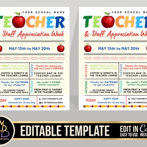 Teacher Appreciation Week, Teacher Staff appreciation template, Printable Editable Teaching Teacher Staff Appreciation Week Itinerary Poster