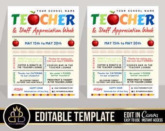 Teacher Appreciation Week, Teacher Staff appreciation template, Printable Editable Teaching Teacher Staff Appreciation Week Itinerary Poster