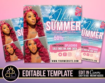 May include: A pink and blue summer sale flyer with a woman with long red hair. The flyer says "Hello Summer Hash Sale 50% off sitewide!" and "Use code: SPLASH50 Sale ends on June 30th".