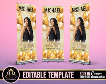 May include: A customizable banner template for a grand opening event. The banner features a gold and white balloon background, a woman with long black hair, and the text "MICHAEL Sassy Grand Opening October 20, 2021".