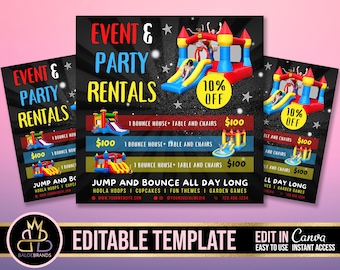 May include: A black and white flyer with a colorful bounce house and the text "EVENT & PARTY RENTALS" in large white letters. The flyer advertises bounce house rentals for $100 each, with a 10% discount. The flyer also includes the text "JUMP AND BOUNCE ALL DAY LONG" and lists additional services such as "HOOLA HOOPS", "CUPCAKES", "FUN THEMES", and "GARDEN GAMES". The flyer is labeled "EDITABLE TEMPLATE" and includes the text "EDIT IN Canva" with the tagline "EASY TO USE INSTANT ACCESS".