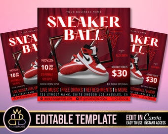 Puede incluir: Un folleto rojo y blanco con un borde negro para una fiesta de Sneaker Ball. El folleto presenta una zapatilla roja y blanca con un logotipo swoosh negro. El texto en el folleto dice "Sneaker Ball Party" e incluye la fecha, la hora y los precios de las entradas. El folleto también incluye el texto "Música en vivo | Bebidas gratis | Refrescos y más".