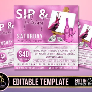 SIP AND PAINT flyer template, Sip & Paint Editable Flyer Canva, Sip Shop Flyer, diy Paint and sip Party Invite Invitation, Paint Invitation