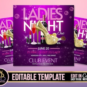 May include: Purple flyer with a gold high heel shoe, makeup brushes, and a glass of wine. The text on the flyer reads "Ladies Night Out" and "June 20".