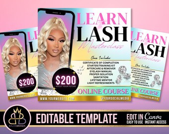 Lash Training, Lash Class, Lashes Masterclass, Editable Social Media Flyer, DIY Canva Makeup Class Training, Lash Certificate Template edit