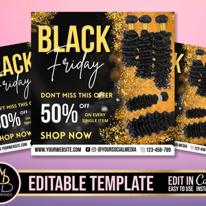 SOCIAL MEDIA FLYER, Black Friday sale, Huge Sale Friday social media post Canva Editable Template, Hair Bundle Flyer Hair Sale Sale Flyer