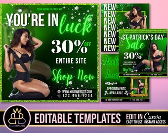 May include: Green and black St. Patrick's Day sale advertisement with a woman wearing black lingerie and a green shamrock. The text reads "You're in luck 30% off entire site Shop Now www.yourwebsite.com 123.456.1234".