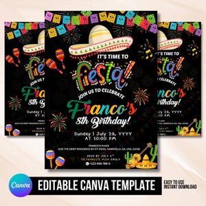 May include: Black fiesta-themed invitation with a sombrero, maracas, and fireworks. The invitation reads "It's time to Fiesta!" and announces Franco's 8th Birthday. Includes details for the event, RSVP information, and a Canva template.