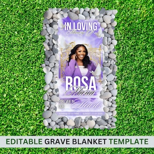 May include: A purple and white grave blanket template with a photo of a woman and the text "IN LOVING Memory of ROSA Maria FOREVER IN OUR Hearts SUNRISE 15-01-1995 SUNSET 11-01-2020".