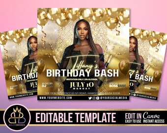 Może przedstawiać: Złote i czarne zaproszenie na przyjęcie urodzinowe ze zdjęciem kobiety. Tekst na zaproszeniu brzmi: "Tiffany's Birthday Bash", "Invitation Only 0% Alcohol", "July 10 Monday", "Music by DJ Jam", "The Dewi Residence 63 Ivy Road, Hawkville, GA USA 31036", "@YourSocialMedia", oraz "Editable Template".