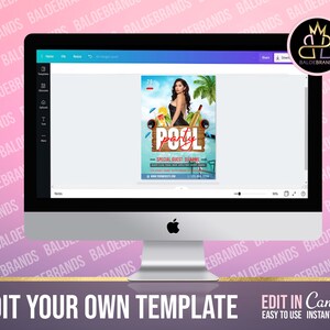 May include: A computer screen displaying a Canva template for a pool party invitation. The template features a woman in a black swimsuit, palm trees, and the text "Pool Party".