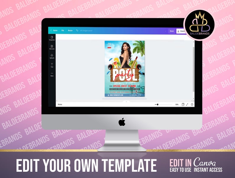May include: A computer screen displaying a Canva template for a pool party invitation. The template features a woman in a black swimsuit, palm trees, and the text "Pool Party".
