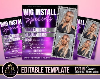 WIG Sale flyer, Hair Wigs Sale Flyer, Editable DIY Canva Template, Wig Install Specials Salon Appointment Book Now Sale Bundles Price List
