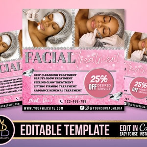 Facial treatments, Beauty Services, Spa Editable Social Media Flyer, Spa Services Flyer, Facial Beauty Flyer, DIY Canva, Beauty Glam Flyer