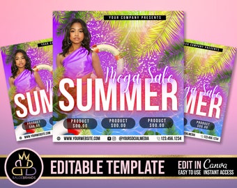 May include: A colorful summer sale flyer with a young woman wearing a purple top and a tropical background. The flyer says "Mega Sale Sun Summer" and includes product prices, a website address, and social media information.