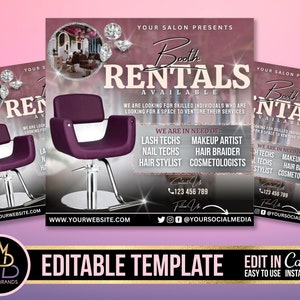Booth Rental Flyer, Canva Booth for Rent Flyer Template, Editable Canva Social Media Flyer, Booth Rental Template, Hair Stylist Flyer Makeup