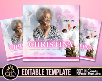 Puede incluir: Plantilla de memorial rosa y blanca con una foto de una mujer, palomas y el texto "In Loving Memory Of Christina" con las fechas "Sunrise 15-01-1995 | Sunset 11-01-2020" y "The Dewi Residence 63 Ivy Road, Hawkville, GA, USA 31036".
