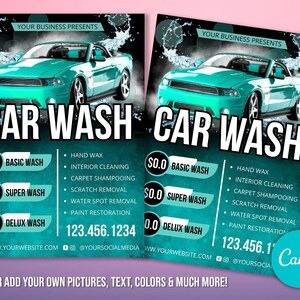 Może przedstawiać: Ulotka reklamowa usług mycia samochod&oacute;w. Ulotka przedstawia turkusowy samoch&oacute;d sportowy z kroplami wody na nim. Tekst na ulotce brzmi "Car Wash" i wymienia r&oacute;żne pakiety mycia samochod&oacute;w z cenami, w tym mycie podstawowe, mycie super i mycie deluxe. Ulotka zawiera r&oacute;wnież dane kontaktowe do firmy.