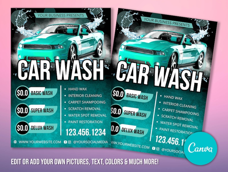 Może przedstawiać: Ulotka reklamowa usług mycia samochod&oacute;w. Ulotka przedstawia turkusowy samoch&oacute;d sportowy z kroplami wody na nim. Tekst na ulotce brzmi "Car Wash" i wymienia r&oacute;żne pakiety mycia samochod&oacute;w z cenami, w tym mycie podstawowe, mycie super i mycie deluxe. Ulotka zawiera r&oacute;wnież dane kontaktowe do firmy.