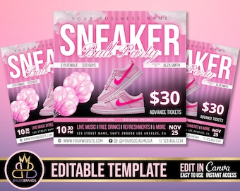 Puede incluir: Un folleto rosa y blanco con el texto "Sneaker Ball Party" en letras blancas en negrita. El folleto también incluye el texto "Hosted by Alza Smith", "30€ Entradas anticipadas", "Nov 25", y "10:30 PM".
