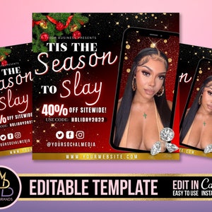 Holiday Slay Season Hair Flyer | DIY Christmas December Bookings Available Beauty MUA Hair Lashes Nails Social Media Editable Canva Template