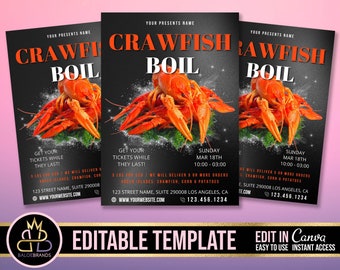 May include: A black and white flyer with red text advertising a crawfish boil. The flyer includes the text "Crawfish Boil", "Get your tickets while they last!" and "Sunday Mar 18th 10:00-03:00".