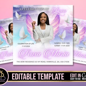 May include: A celebration of life memorial template with a purple and pink background. The template features a photo of a woman, doves, and the text "A Celebration of Love". The text "Rosa Maria" is written in a large, decorative font. The dates "Sunrise 15-01-1995" and "Sunset 11-01-2020" are also included. The text "The Dewi Residence 63 Ivy Road, Hawkville, GA, USA 31036" is at the bottom of the template.