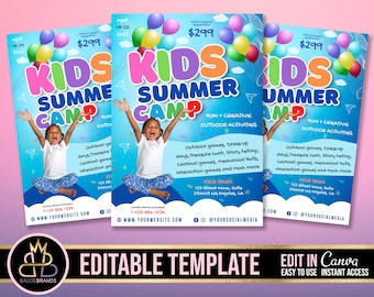 Kids Summer Camp Flyer, Kids Camp Summer Festival Flyer voor kinderen, bewerkbare sjabloon, Canva, Kids Invitation Invitation, Festival Event Flyer