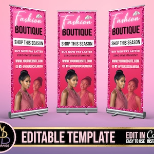 Retractable Banner Template Canva, Roll Up Banner Editable Template, Fashion Boutique Retractable Clothing Pop Up Shop Custom Roll Up Banner