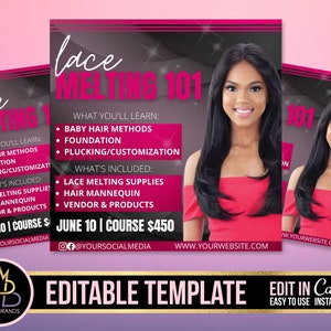 Lace Melting Flyer, Lace Flyer, Lace hair Editable Social Media Flyer, Wig Course Class Flyer, Sales Hair Wig Flyer, hair bundles sale, wig