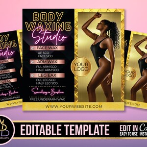 K&ouml;nnte beinhalten: Ein schwarzer und goldener Flyer mit einem pinkfarbenen Neon-Schild, auf dem "Body Waxing Studio" steht. Der Flyer listet verschiedene Waxing-Dienstleistungen auf, darunter Gesichts-, Arm- und Beinwachs. Er enth&auml;lt auch den Text "Spezialisiert auf Brazilian" und "Gratis Achselwachs". Der Flyer hat einen goldenen Hintergrund mit einem Diamantenmuster und einen goldenen Kreis mit dem Text "Ihr Logo".