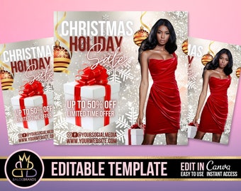 May include: A Christmas holiday sale flyer with a red dress, gift boxes, and snowflakes. The text reads "Christmas Holiday Sale" and "Up to 50% off, Limited Time Offer".