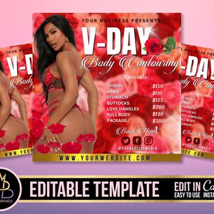Valentines Day Flyer, Body Contouring, Social Media Flyer, Canva Template, Valentine&#39;s Day Business Event Flyer Sale Body Red, February 14
