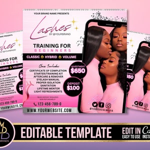 May include: A pink and white flyer featuring a black phone image of three women with long black hair. The flyer advertises lash training for beginners with the text "Lashes Training for Beginners" and includes the price of £650. The flyer also includes a list of what is included in the training.