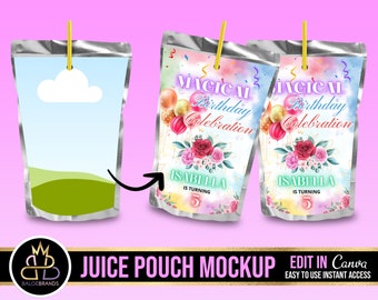 Maqueta de etiqueta adhesiva de bolsa de jugo, Maqueta de etiqueta de bolsa de jugo de Canva, Marco de plantilla de Canva, Marco de Canva personalizado