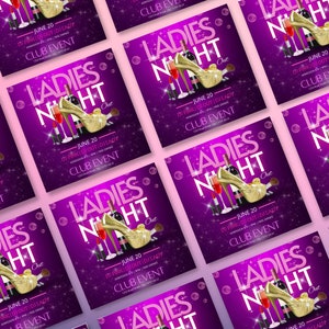 May include: A purple flyer with a sparkly background and the text "Ladies Night Out" in white letters. The flyer features a gold high heel shoe, a bottle of wine, and makeup brushes. The date "June 20" is also included.
