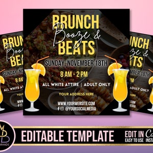 Brunch, Booze Beats, Business and Brunch Flyer, Editable Social Media Flyer Canva Brunch Editable Template Flyer Brunch booze Event Business