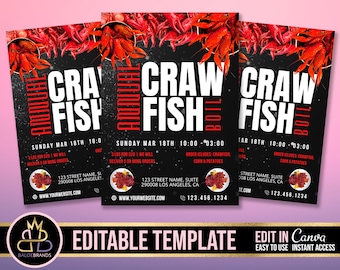 May include: A black and white flyer with red text advertising a crawfish boil. The flyer includes the date, time, price, and contact information. The text reads "Crawfish Boil" and includes the date "Sunday, March 18th" and the time "10:00-03:00".