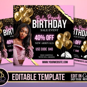 May include: A pink and black birthday sale advertisement featuring a woman in the centre. The text reads "Babe Brands Birthday Sale Event 40% Off New Arrivals Use Code B40 Free Shipping with £50+ Orders www.yourwebsite.com".