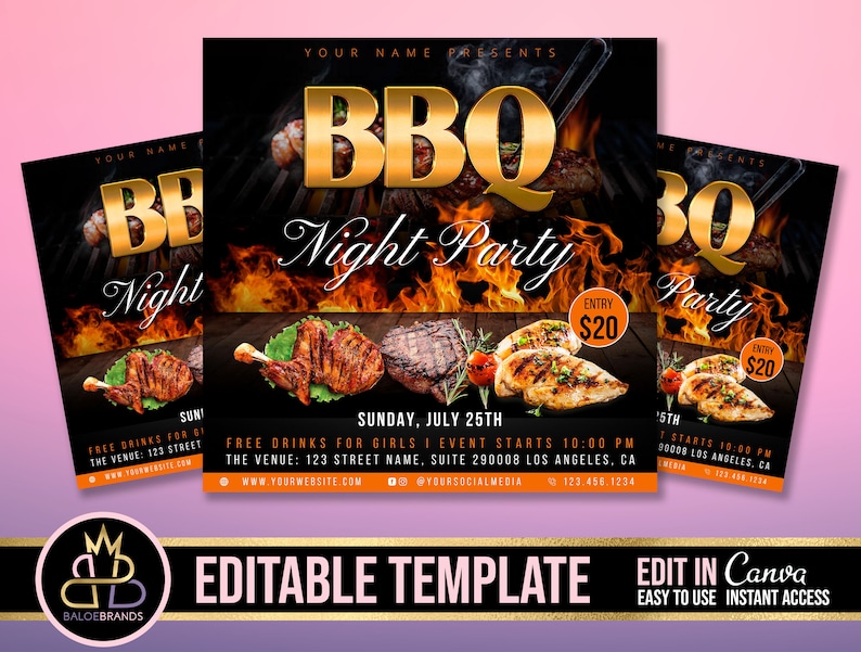 May include: Editable template for a BBQ night party flyer. The flyer features a black background with flames, grilled food, and the text "BBQ Night Party" in gold letters. The flyer also includes the text "Entry $20" and information about the event, including the date, time, and location. The flyer is designed to be edited in Canva.
