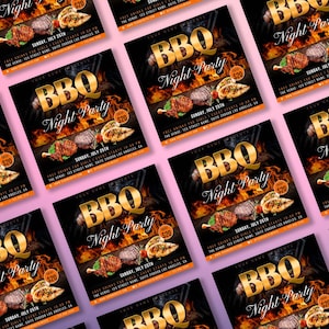 May include: A black and gold flyer with flames and a BBQ grill. The text reads "BBQ Night Party" with the date and time of the event. The flyer also includes the price of $20.