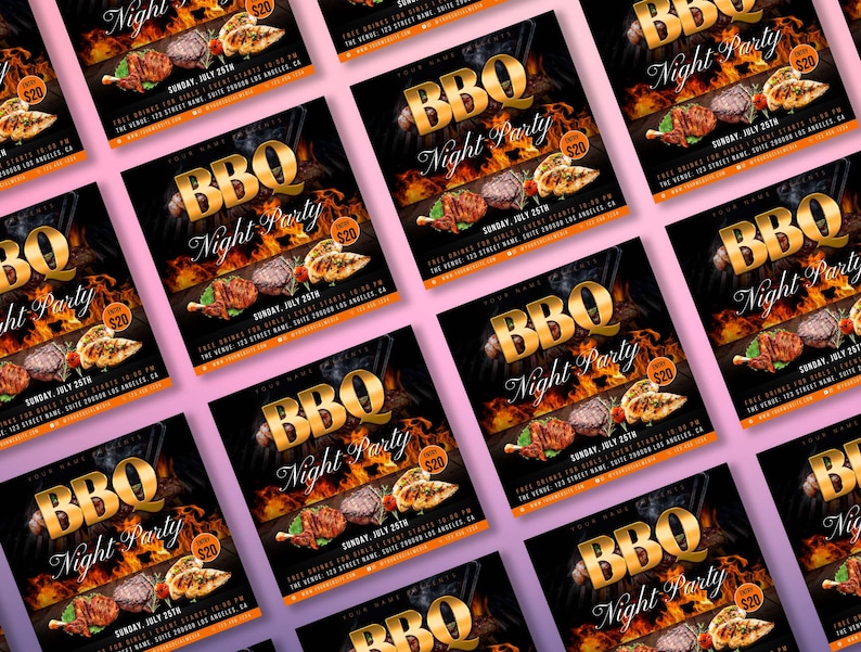 May include: A black and gold flyer with flames and a BBQ grill. The text reads "BBQ Night Party" with the date and time of the event. The flyer also includes the price of $20.